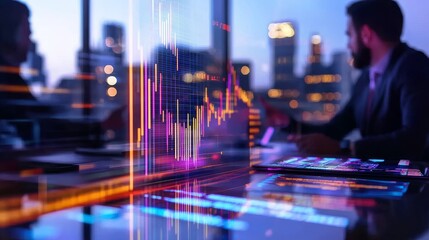 Business professionals analyzing financial data in a modern office with city skyline backdrop