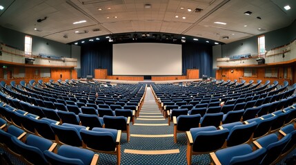 Naklejka premium A spacious auditorium with rows of blue chairs and a large screen at the front, ideal for presentations or lectures.