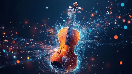 A vibrant digital artwork of a violin surrounded by colorful splashes of light and energy