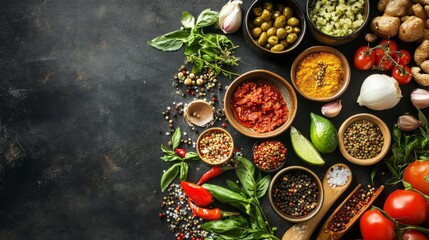 A vibrant display of fresh ingredients and spices arranged on a dark surface for cooking