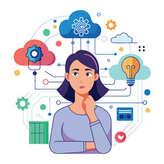 Woman thinking, digital brain with binary code, cloud, data layers with circuit. Ideal for AI, cloud computing, data analysis, innovation, technology digital transformation artificial intelligence 

