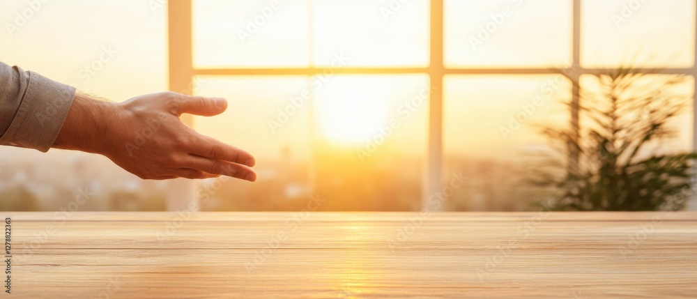 Poster sunlit workspace gesture open dialogue in modern wooden office - professional communication for enha