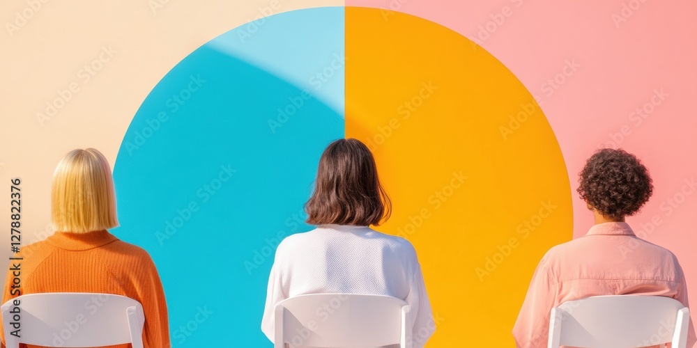 Poster colorful modern conference setup diverse team engaging with vibrant pie chart visuals in contemporar