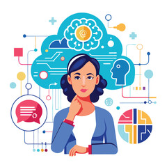 Woman thinking, digital brain with binary code, cloud, data layers with circuit. Ideal for AI, cloud computing, data analysis, innovation, technology digital transformation artificial intelligence 

