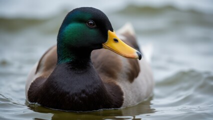 Obraz premium A mallard duck with a vibrant green head and yellow bill floating on water.