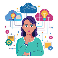 Woman thinking, digital brain with binary code, cloud, data layers with circuit. Ideal for AI, cloud computing, data analysis, innovation, technology digital transformation artificial intelligence 

