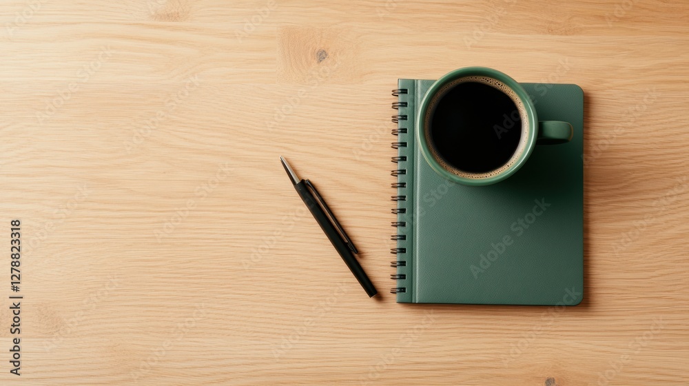 Poster midnight green workspace elegant flat lay with coffee in designer cup and notebook on wooden desk - 