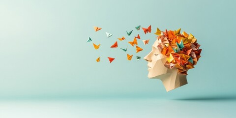 Origami Brain with Colorful Butterflies Contemporary Mental Wellness Art on Minimalist Backdrop - Inspiring Cognitive Health for Digital Content and Therapeutic Spaces