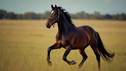 Obraz premium A brown horse with a white mark on its forehead, wearing blinkers, stands in a stable.