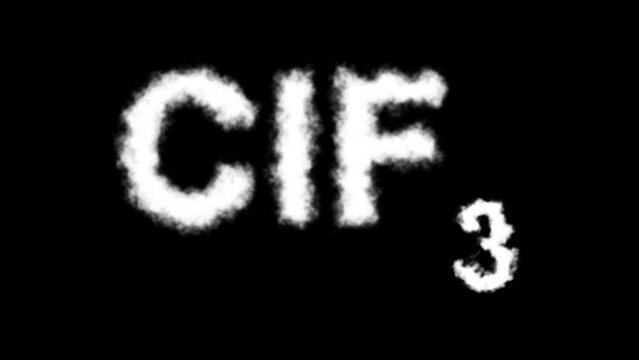 A ClF₃ (chlorine trifluoride) molecule symbol with a smoke cloud text effect on a black background, representing extreme reactivity, toxicity, and industrial hazards