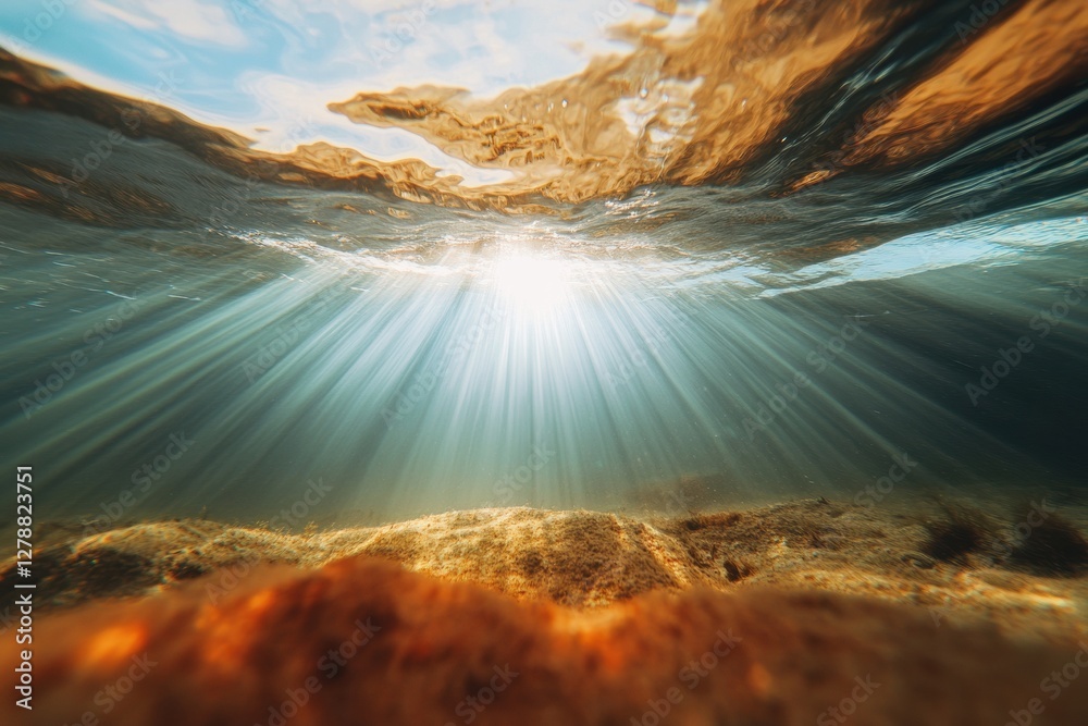 Poster ethereal underwater sunlit ocean depths illuminating dynamic fish patterns - visual content for mari