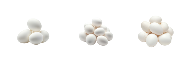 Fresh White Eggs Piled in Little Groups on a Clean Background