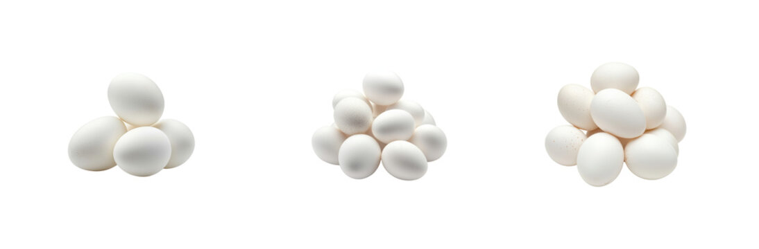 Fresh White Eggs Piled in Little Groups on a Clean Background