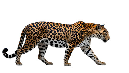 A majestic leopard strides confidently through the night, its spotted coat a masterpiece against a stark black background.