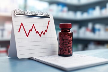 Rising pharmaceutical costs illustrated with graph and pills