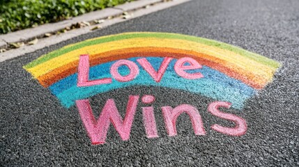 Obraz premium Love Wins Rainbow Artwork on Pavement with Colorful Chalk Design