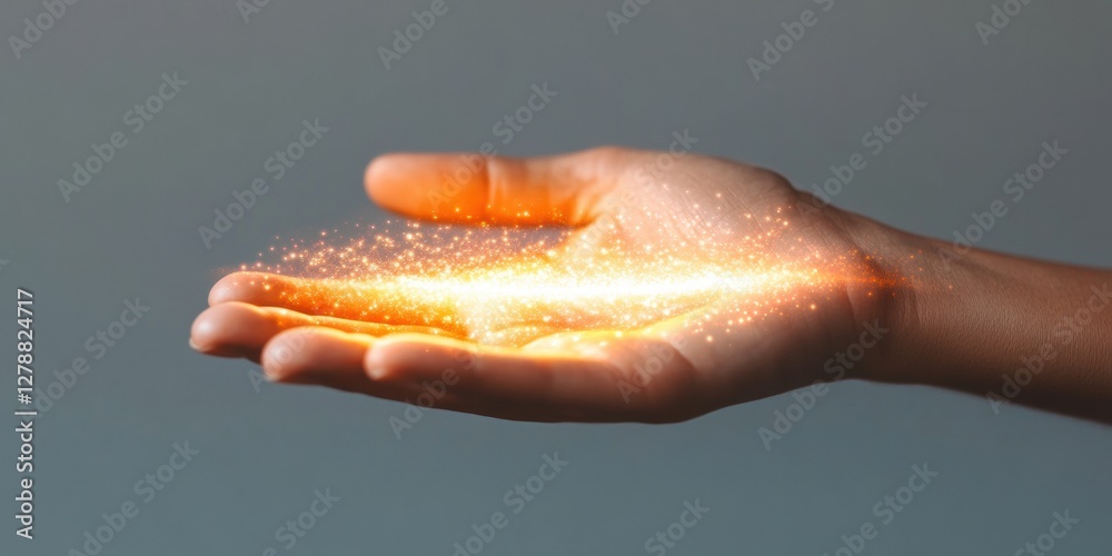 Poster Holographic Business Visualization Floating Data Stream Over Open Hand - Future-Tech Marketing for Financial Data Analytics, Enhancing Real-Time Market Insights