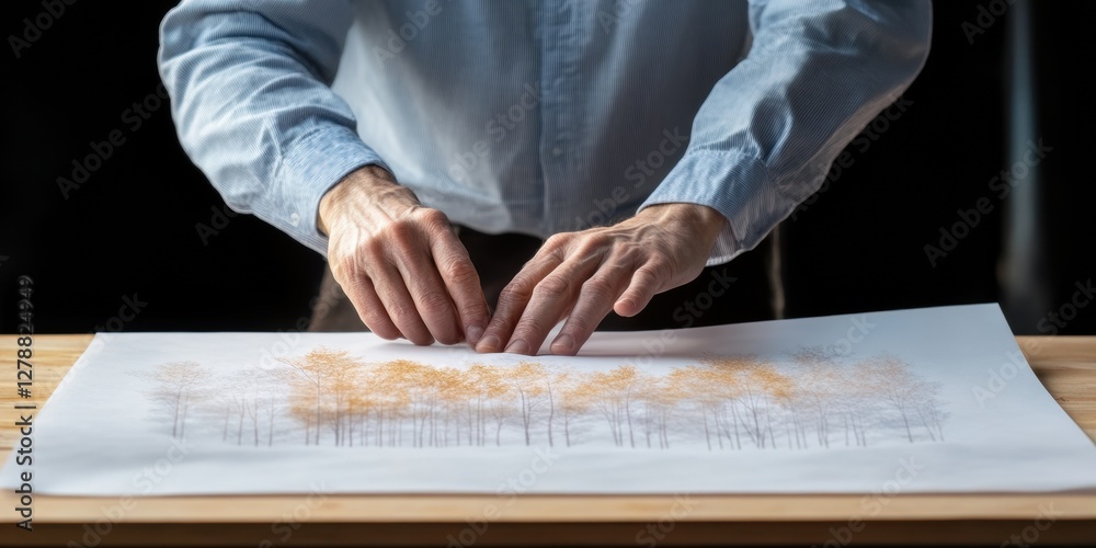 Aufkleber minimalist architectural design blueprint hands crafting sustainable woodland structures on birchwoo