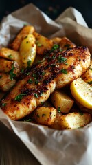 Spicy fish, potatoes, lemon. Dinner recipe