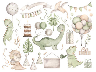 Dinosaurs Birthday Party. Watercolor hand-drawn set of illustrations with little dinosaurs, tropical plants, balloons, gifts and confetti.