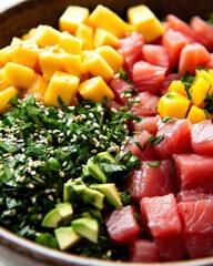Close up view of a bowl of fresh poke bowl. Diced pieces of fresh mango, tuna, and avocado are visible, along with chopped green herbs and sesame seeds. The vibrant colors of the ingredients are