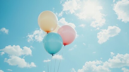 Obraz premium Three pastel balloons floating against a bright sunny sky.