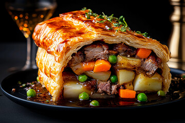 Towering Cornish pasty with minced lamb, diced potatoes, carrots, onions, peas, and rich gravy spilling over in a savory cascade of delicious fillings and flavors