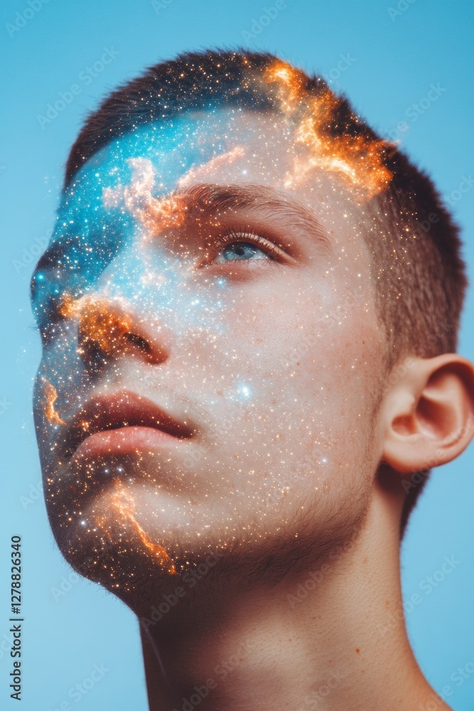 Aufkleber Astro-Infused Portrait Art Cosmic Texture and Nebula Design for Creative Marketing and Futuristic Branding - Youthful Universe-Themed Visual Content