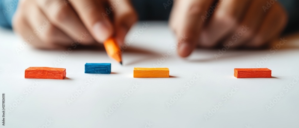 Poster Colorful Agile Workflow Planning Vibrant Wooden Blocks on White Surface - Enhancing Project Management for Modern Business Efficiency and Creative Strategy Development