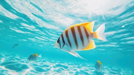 Fototapeta premium Vibrant Tropical Fish Swimming in Crystal Clear Ocean Water