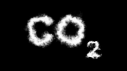 A CO₂ (carbon dioxide) molecule symbol with a smoke cloud text effect on a black background, representing emissions, air pollution, and environmental impact
