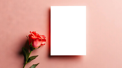 Blank Card Positioned Beside a Pink Rose on a Soft Pastel Background