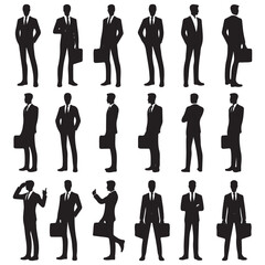 Business man character constructor for animation vector illustration. Front, side, and back view set. Body parts, postures, poses collection. 