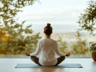Fototapeta premium Serene Outdoor Yoga with Terrier Morning Light and Wooden Deck - Enhance Pet Wellness, Lifestyle Branding, and Fitness Content for Health Industries
