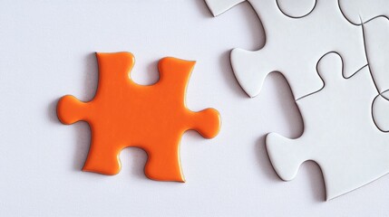 Obraz premium A vibrant orange puzzle piece is shown next to white pieces against a textured background, symbolizing problem-solving and creativity.