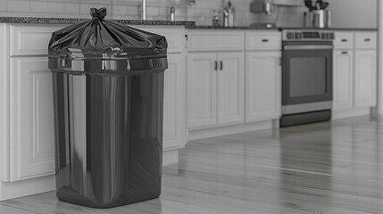 Modern kitchen interior featuring a practical trash can for convenient waste management