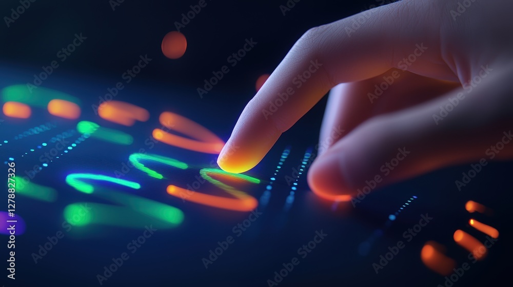 Poster a hand interacts with a vibrant, illuminated interface featuring colorful buttons, creating a visual