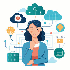Woman thinking, digital brain with binary code, cloud, data layers with circuit. Ideal for AI, cloud computing, data analysis, innovation, technology digital transformation artificial intelligence 

