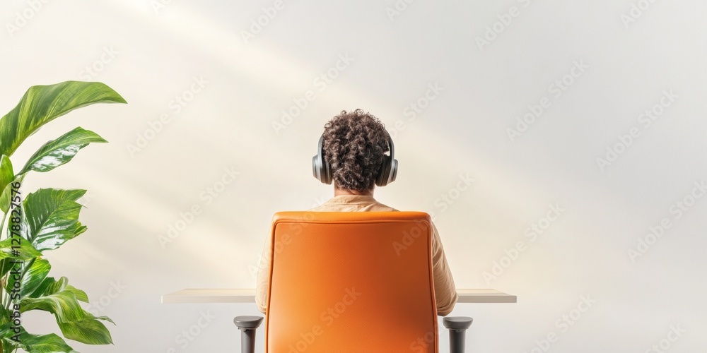 Poster minimalist workspace aesthetic ergonomic office setup with dual monitors and orange chair - enhancin