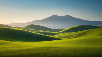 Rolling green hills create serene landscape, complemented by dis