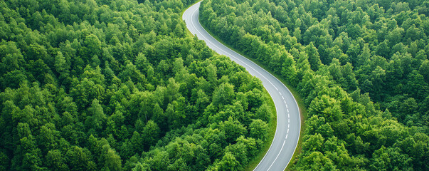 Winding mountain road through dense green forest landscape, serene view