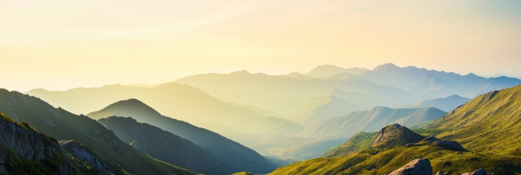 Golden Hour Mountain Vista Panoramic Rocky Valley and Soft Light for Travel Vlogs and Eco-Tourism Campaigns - Nature Offering Serenity and Majestic Outdoor Escapes