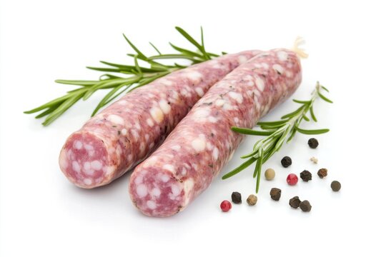Bierwurst sausage presented on a clean white background with fresh herbs and spices for culinary use