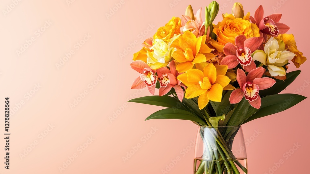 Wall mural Vibrant Flower Bouquet with Roses and Orchids on Soft Background