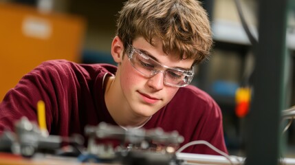 Young Student Focusing on Electronics Project in Workshop Setting