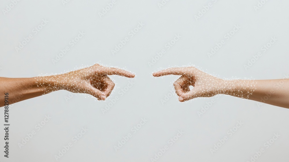 Poster Futuristic Digital Interaction Abstract Hands with Glowing Data Particles in Minimalist Space - Tech Visualization for Human-Technology Convergence and Business Innovation