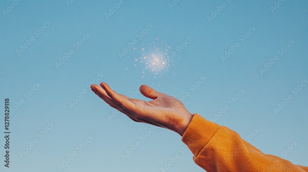 Poster Digital Dreamscape Hand Reaching for Glowing Particles - Futuristic Tech Visualization in Digital Transformation and Innovation in Business