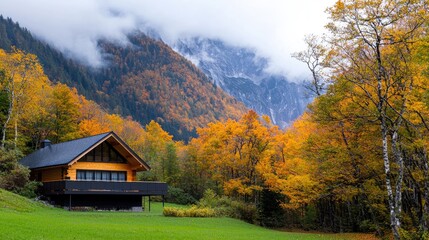Autumn mountain chalet, scenic valley, fall foliage