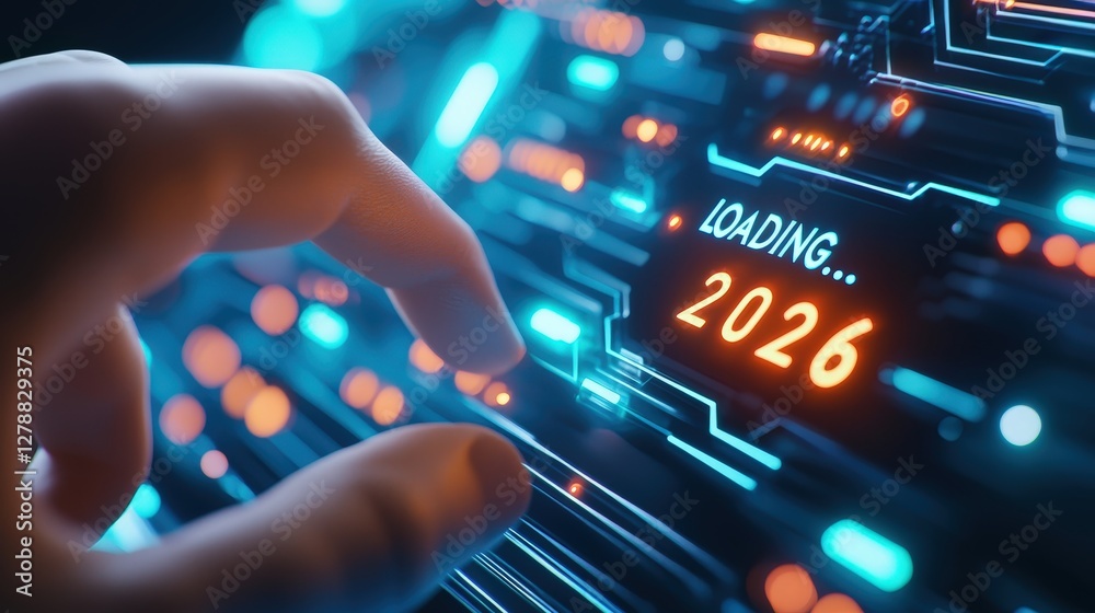 Poster a hand hovers over a digital interface displaying a 