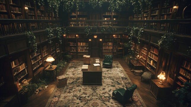 Enchanting Library with Ivy and Bookshelf Decor